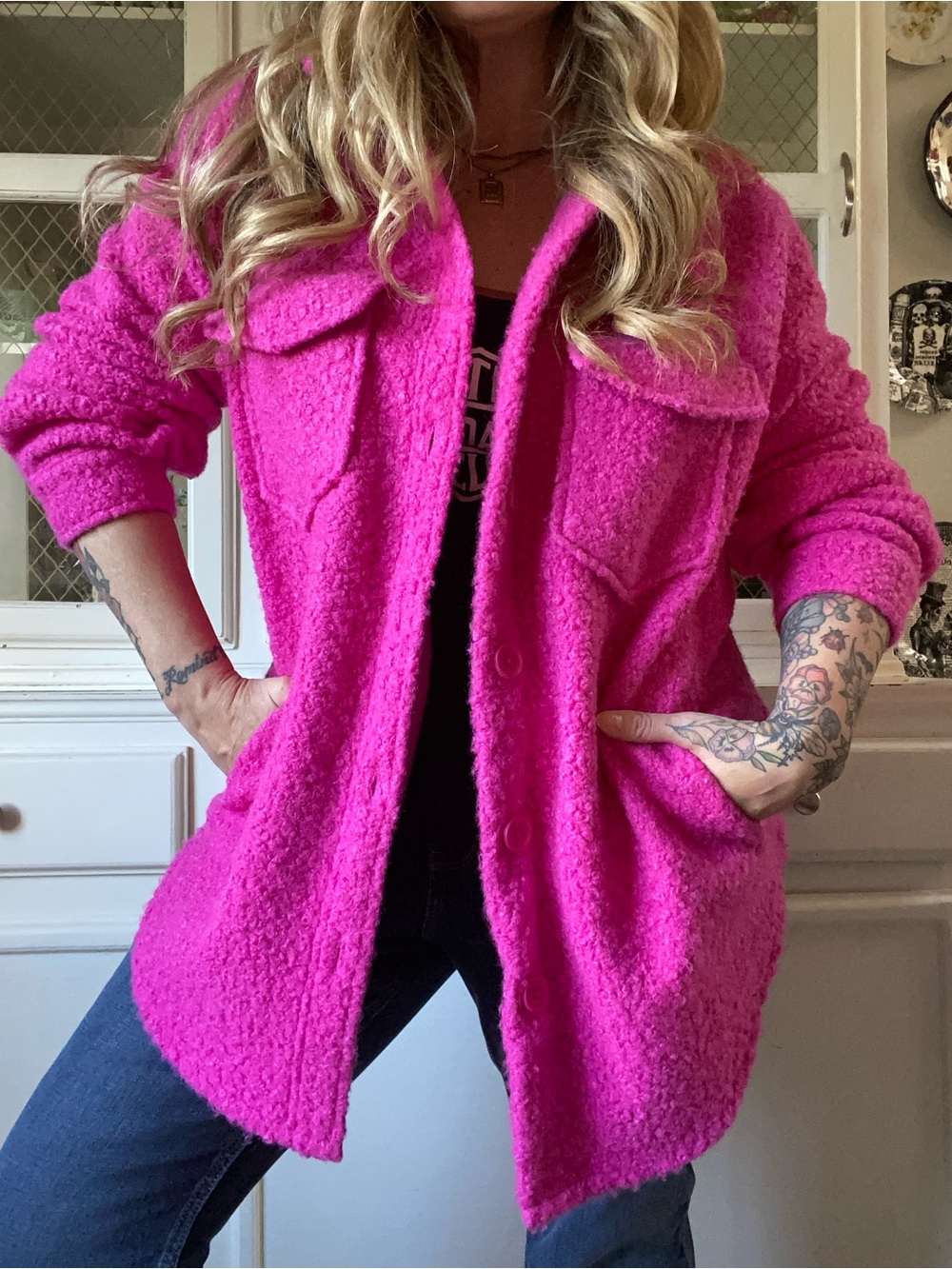 Hot Pink Teddy Bear Sherpa Button Down Shacket w/ Pockets Statement Bright Neon
